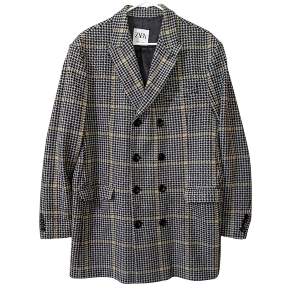 ZARA MEN'S XL (Fits M/L) Black/Gray Plaid Houndstooth Double-Breasted Long Coat - Picture 1 of 8